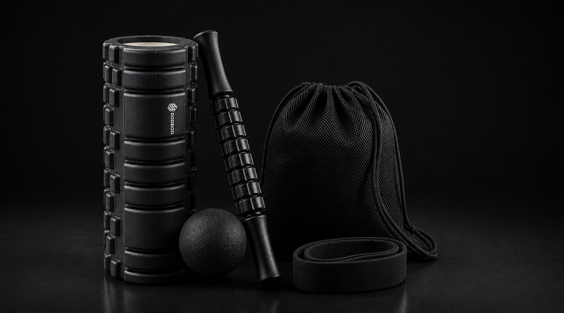 Premium GODBOD 5-in-1 recovery kit concept with foam roller, massage stick, massage ball, stretch strap, and carry bag